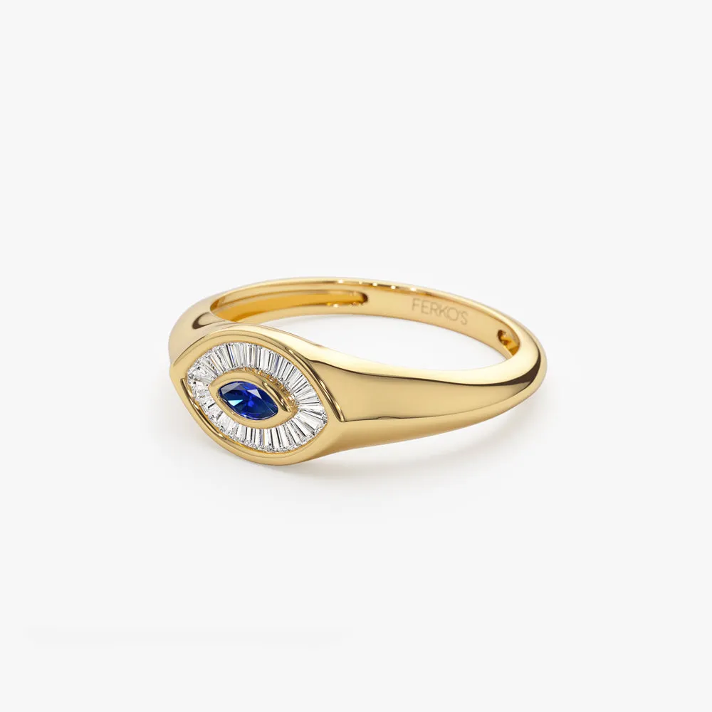14k Marquise Shaped Sapphire and Baguette Diamond Ring