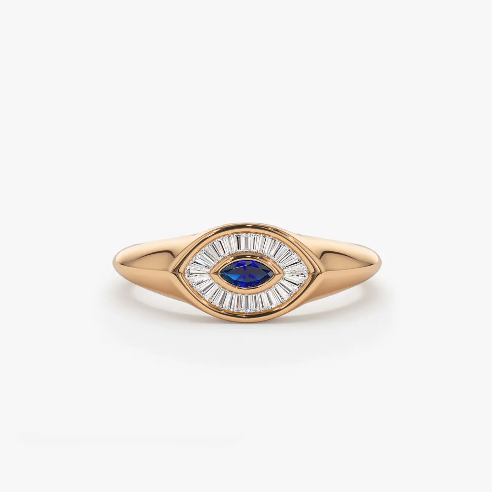 14k Marquise Shaped Sapphire and Baguette Diamond Ring