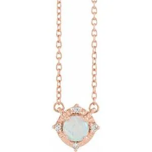 14K Rose Lab-Grown White Opal & .04 CTW Natural Diamond Halo-Style 18" Necklace