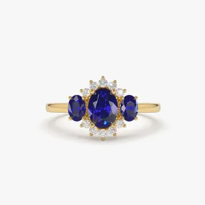 14k Three Stone Sapphire Cluster Ring