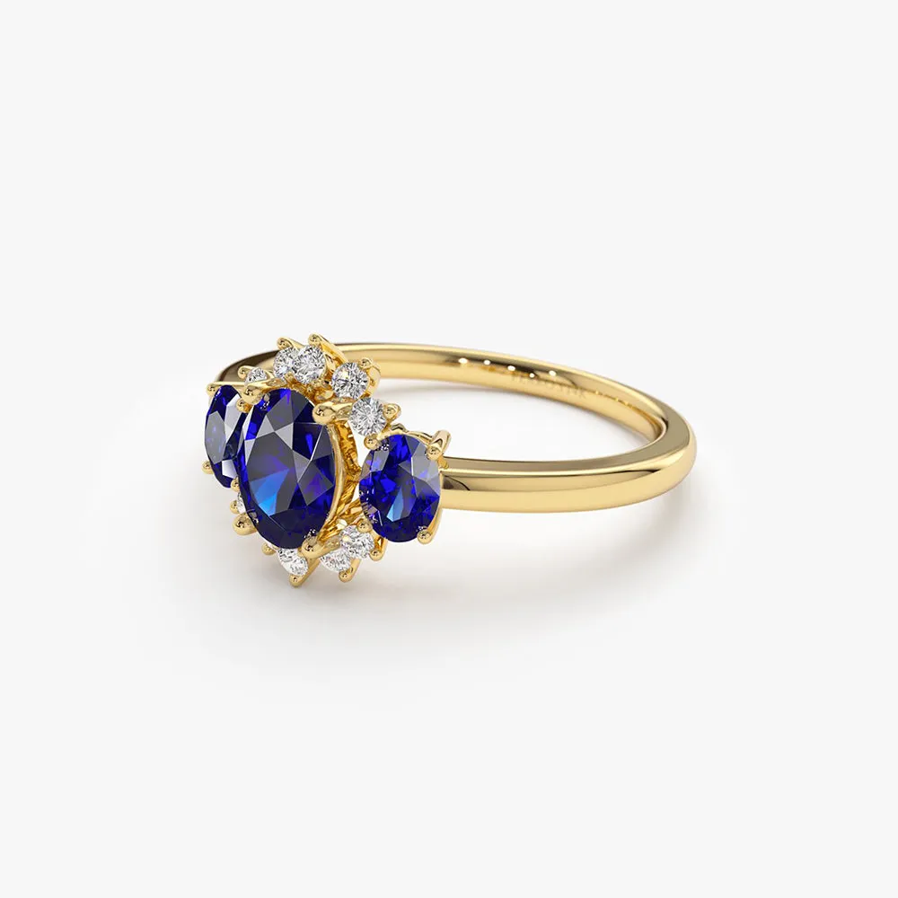 14k Three Stone Sapphire Cluster Ring