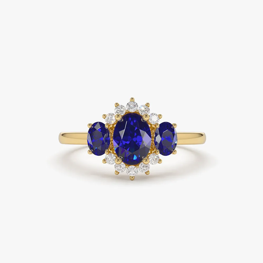 14k Three Stone Sapphire Cluster Ring