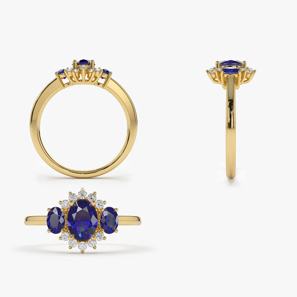 14k Three Stone Sapphire Cluster Ring