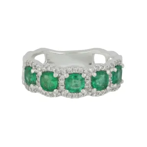 14k White Gold 5 Halo Emerald and Diamond Ring Size 6.5, EM=1.19tw D=0.33tw GH/SI