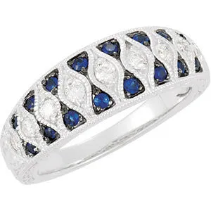 14k White Gold Blue Sapphire & Diamond Granulated Design Ring, Size 7