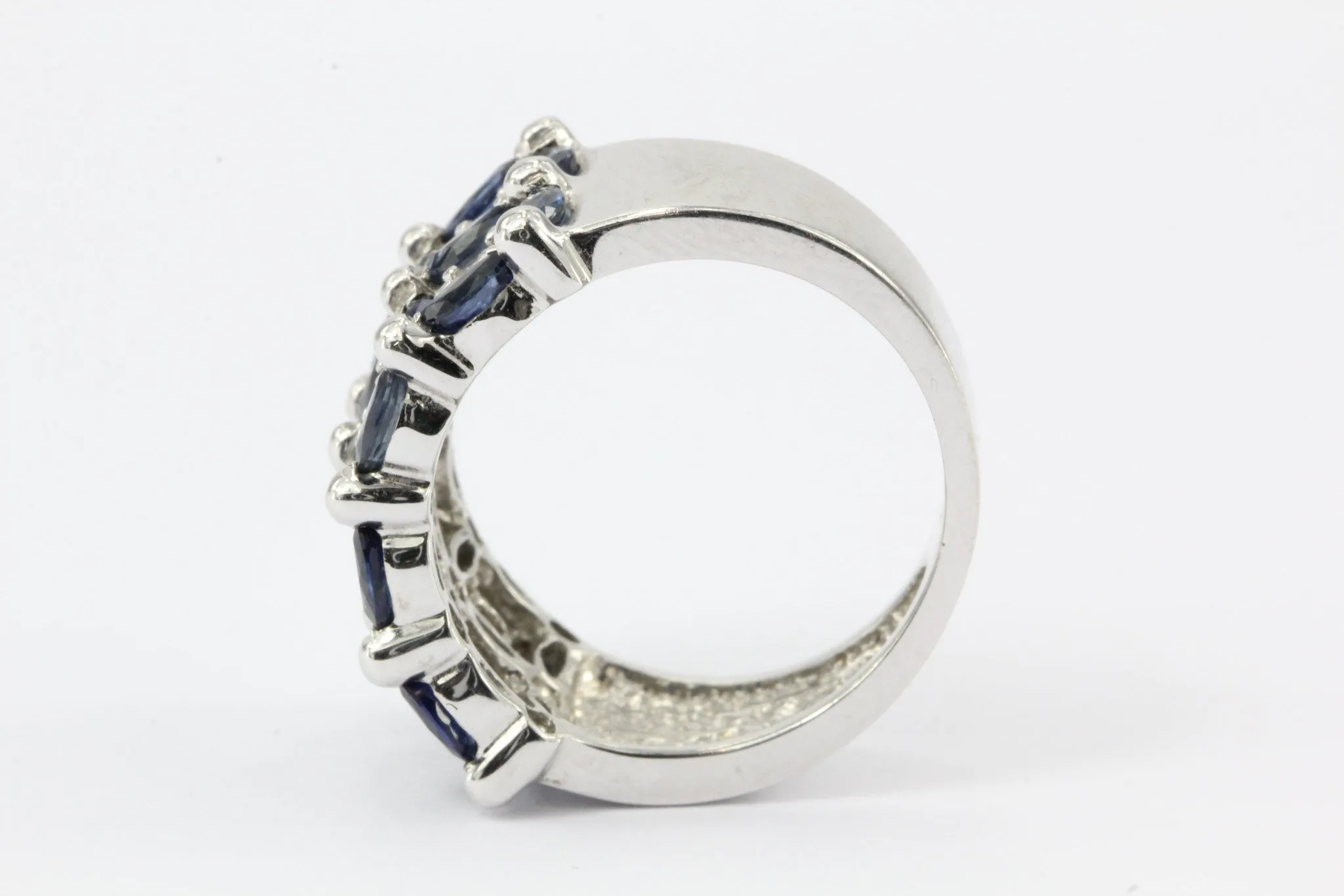 14K White Gold Blue Sapphire & Diamond Roman Fence Ring