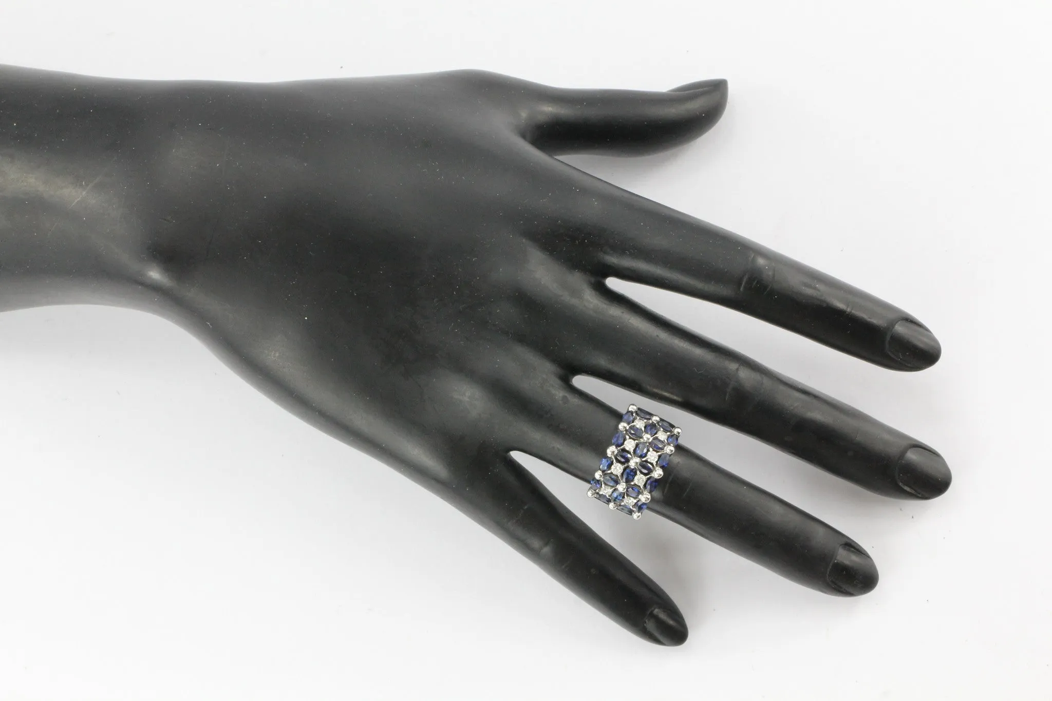 14K White Gold Blue Sapphire & Diamond Roman Fence Ring