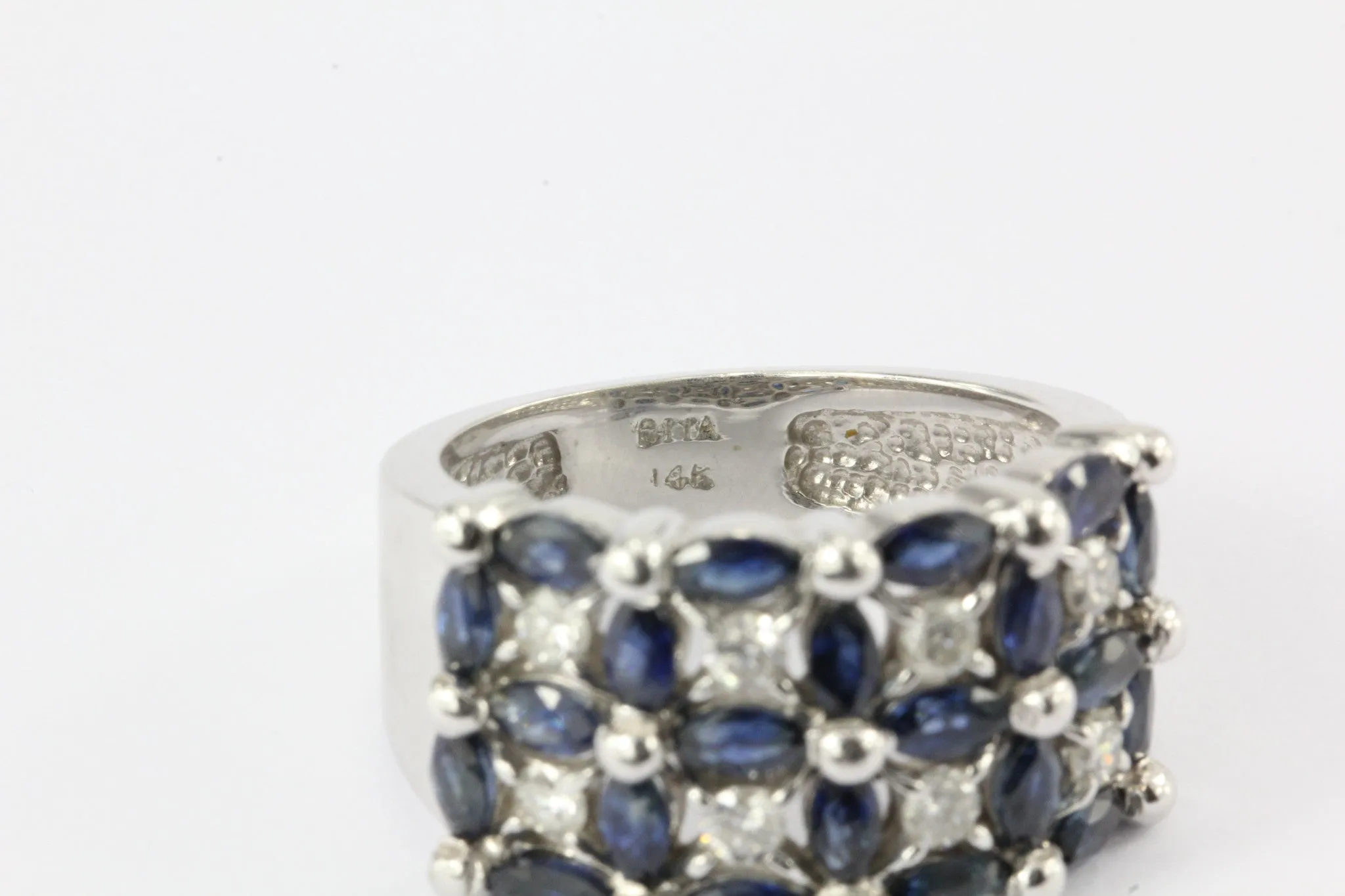 14K White Gold Blue Sapphire & Diamond Roman Fence Ring