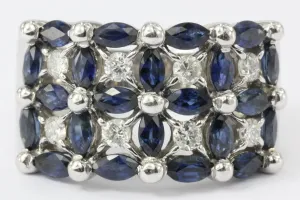 14K White Gold Blue Sapphire & Diamond Roman Fence Ring