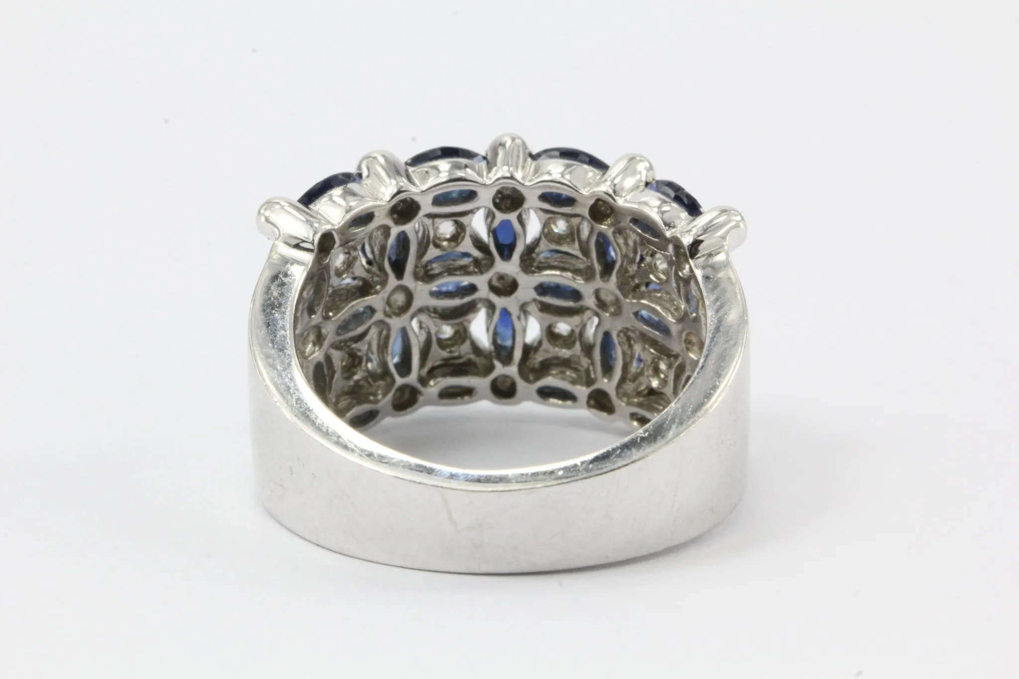 14K White Gold Blue Sapphire & Diamond Roman Fence Ring