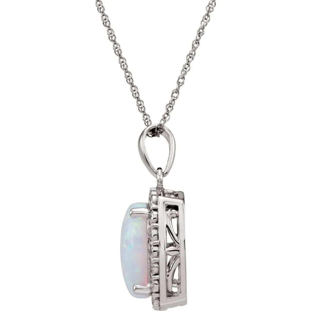 14k White Gold Created Opal & .05 CTW Diamond Necklace
