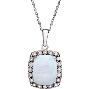 14k White Gold Created Opal & .05 CTW Diamond Necklace