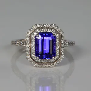 14K White Gold Emerald Cut Tanzanite and Diamond Ring 2.05 Carats