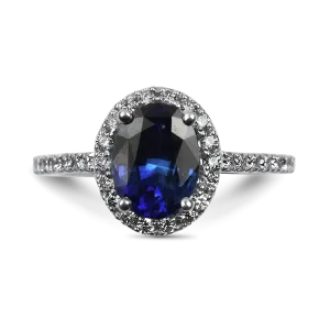 14k White Gold Oval Cut Ceylon Sapphire and Diamond Halo Ring