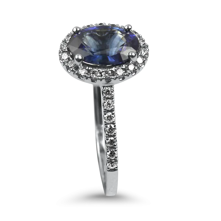 14k White Gold Oval Cut Ceylon Sapphire and Diamond Halo Ring