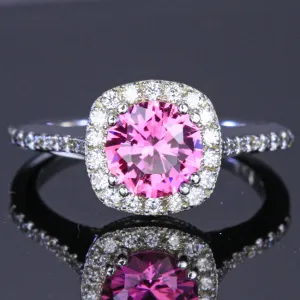 14K White Gold Round Brilliant Pink Sapphire Ring with Ideal Cut Diamonds