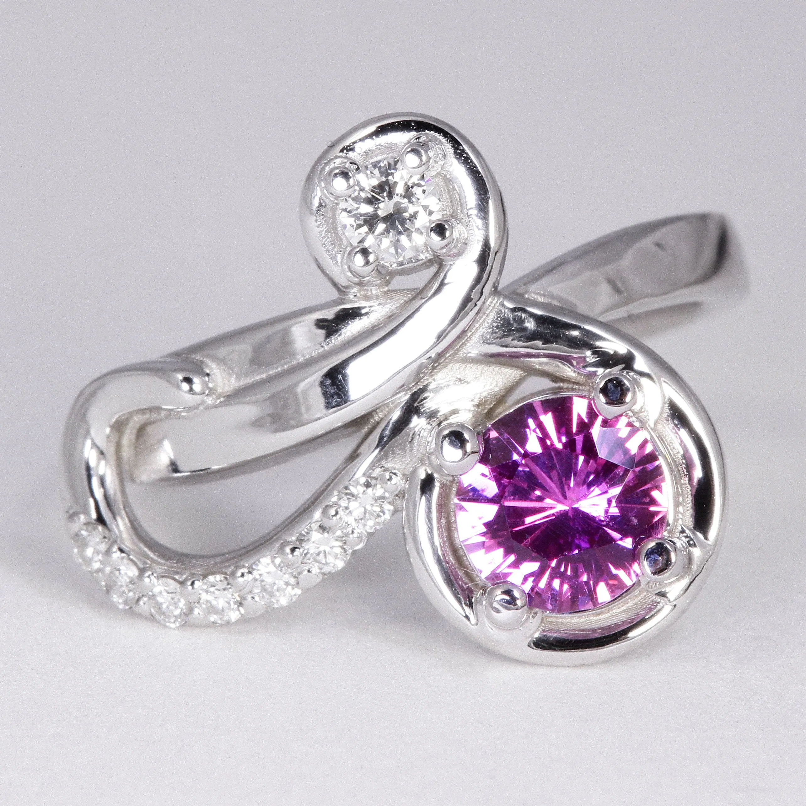 14K White Gold Round Pink Sapphire Ring with Diamonds