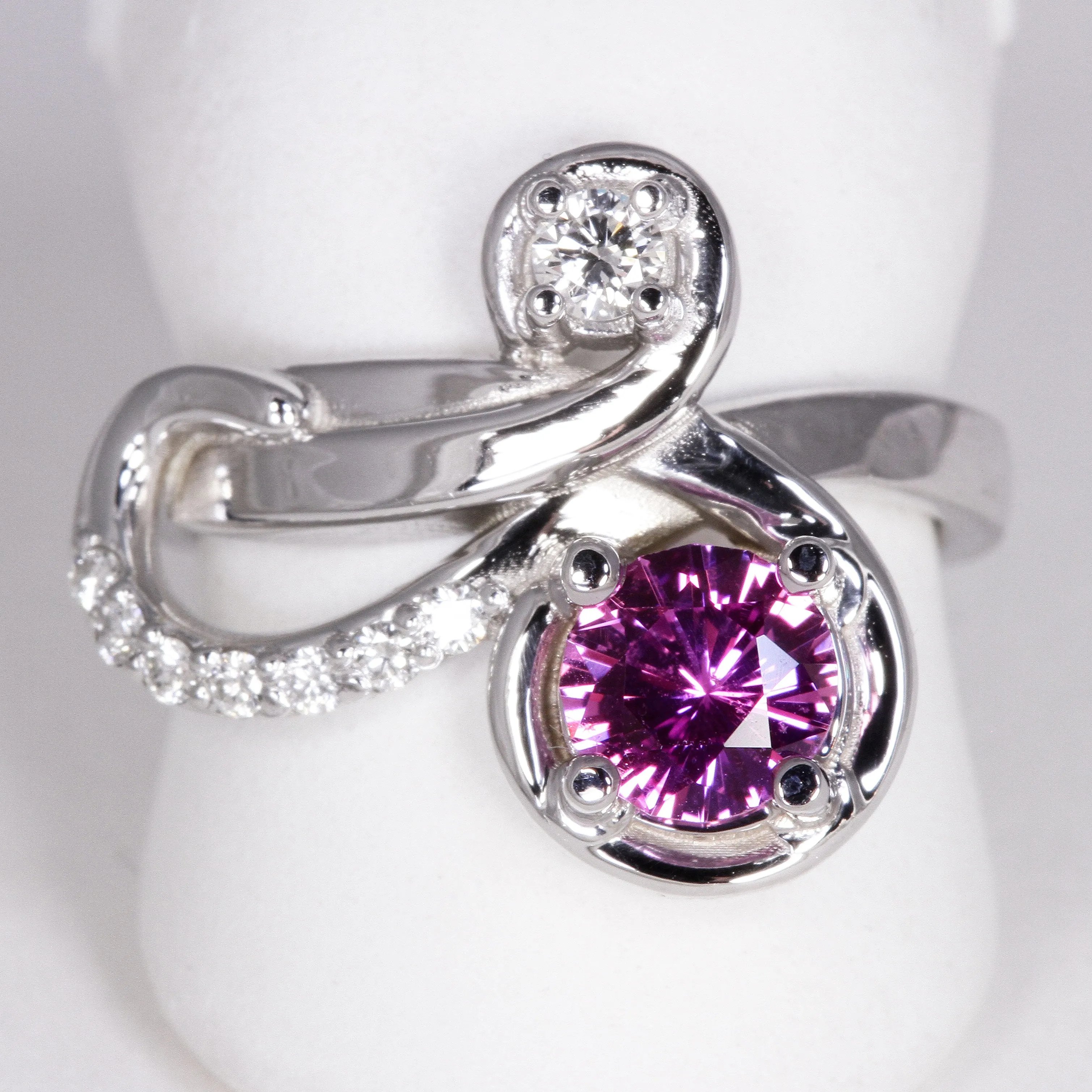 14K White Gold Round Pink Sapphire Ring with Diamonds