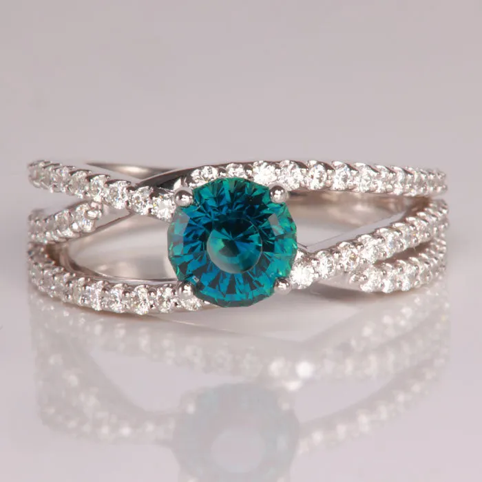 14K White Gold Round Step Montana Sapphire and Diamond Ring 2.00 Carats