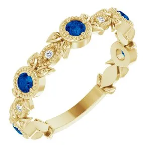 14K Yellow Blue Sapphire & .03 CTW Diamond Leaf Ring