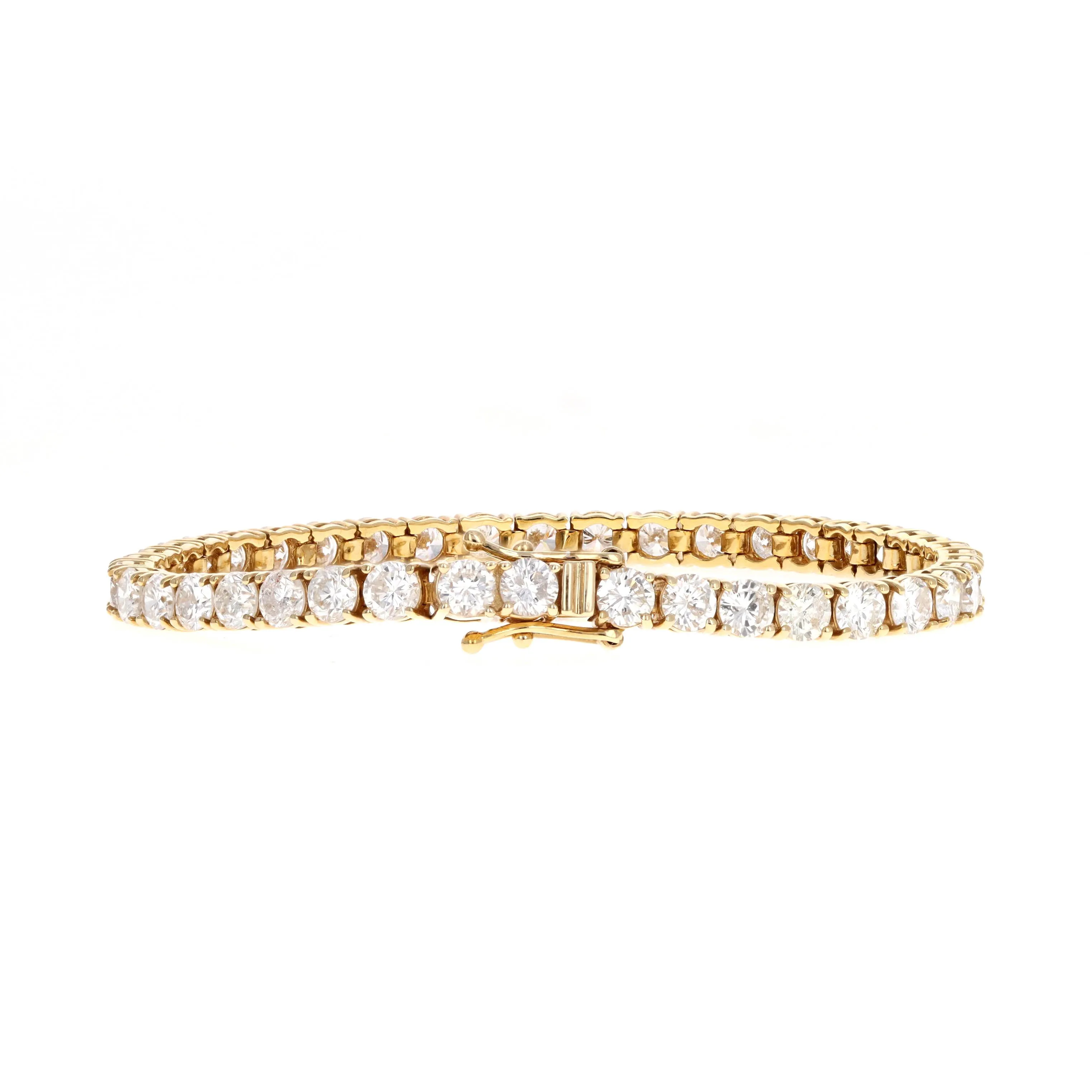 14K Yellow Gold 10.92 Carat Total Weight Round Brilliant Cut Diamond Tennis Bracelet