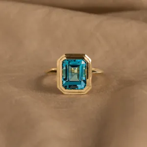 14K Yellow Gold 4.34 Carat Emerald Cut Swiss Blue Topaz Bezel Knife Edge Ring