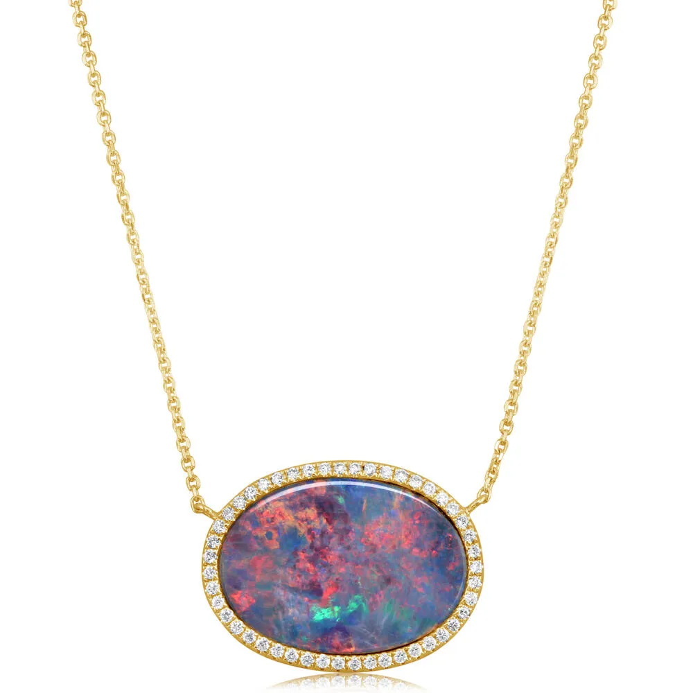 14K Yellow Gold Australian Opal Doublet/Diamond Neckpiece