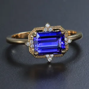 14K Yellow Gold Emerald Cut Tanzanite and Diamond Ring 1.72 Carats