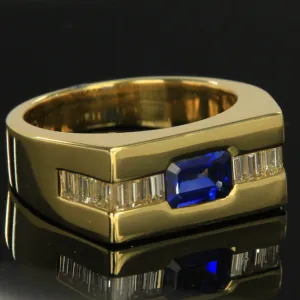 14K Yellow Gold Mens Emerald Cut Sapphire & Diamond Ring