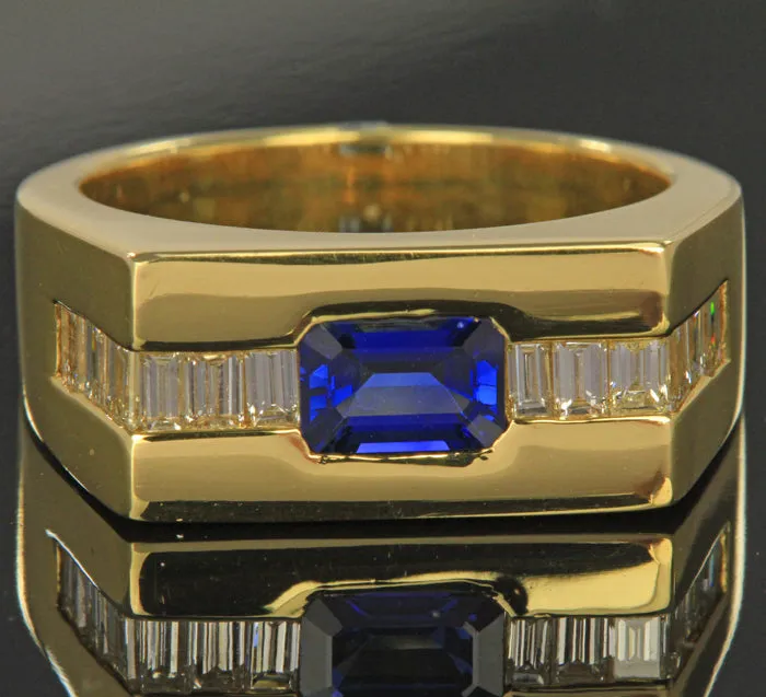 14K Yellow Gold Mens Emerald Cut Sapphire & Diamond Ring
