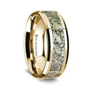 14K Yellow Gold  Wedding Ring with Green Dinosaur Bone Inlay Beveled Edges - 8 mm