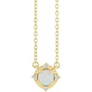 14K Yellow Lab-Grown White Opal & .04 CTW Natural Diamond Halo-Style 18" Necklace
