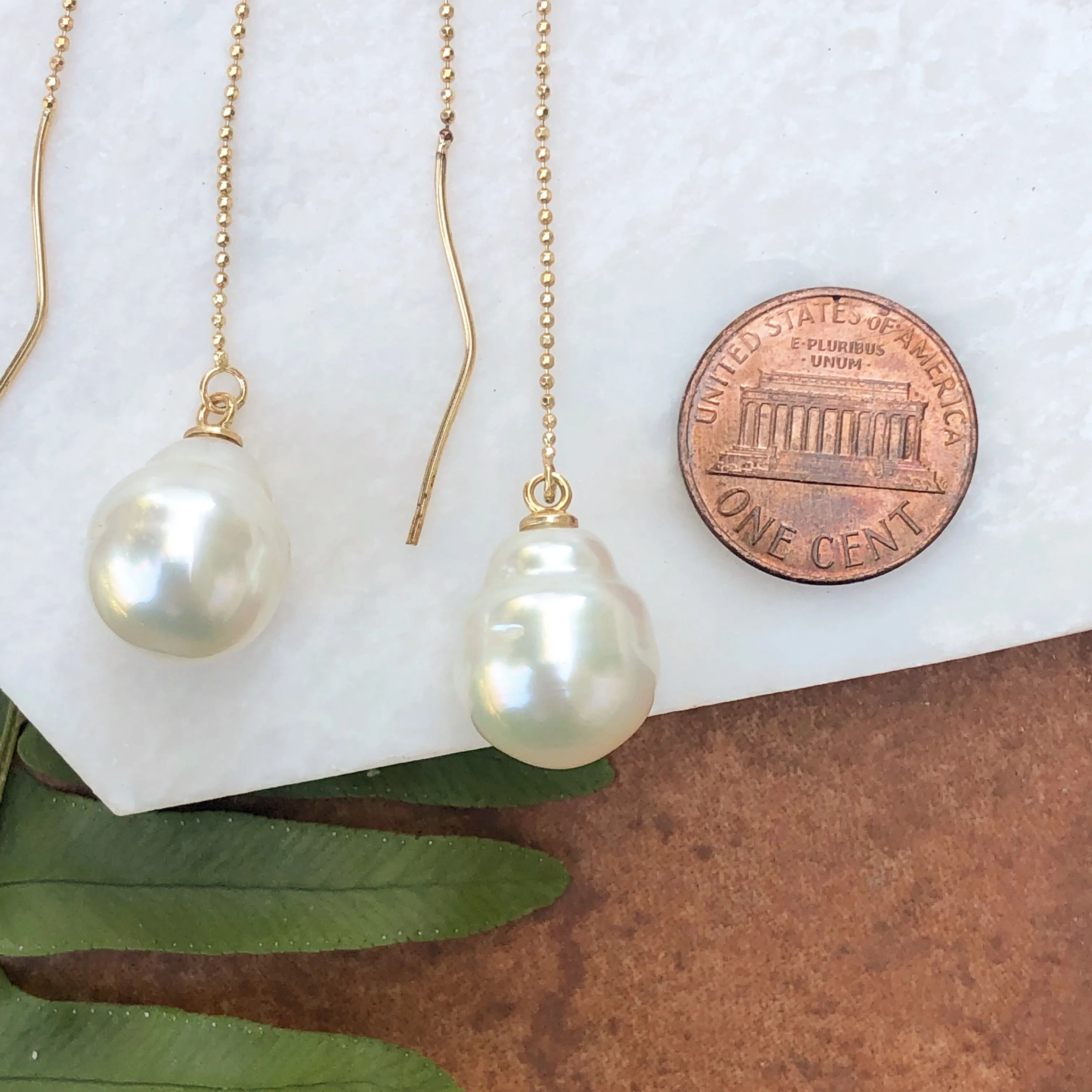 14KT Yellow Gold 12mm Paspaley Pearl Threader Ball Chain Earrings