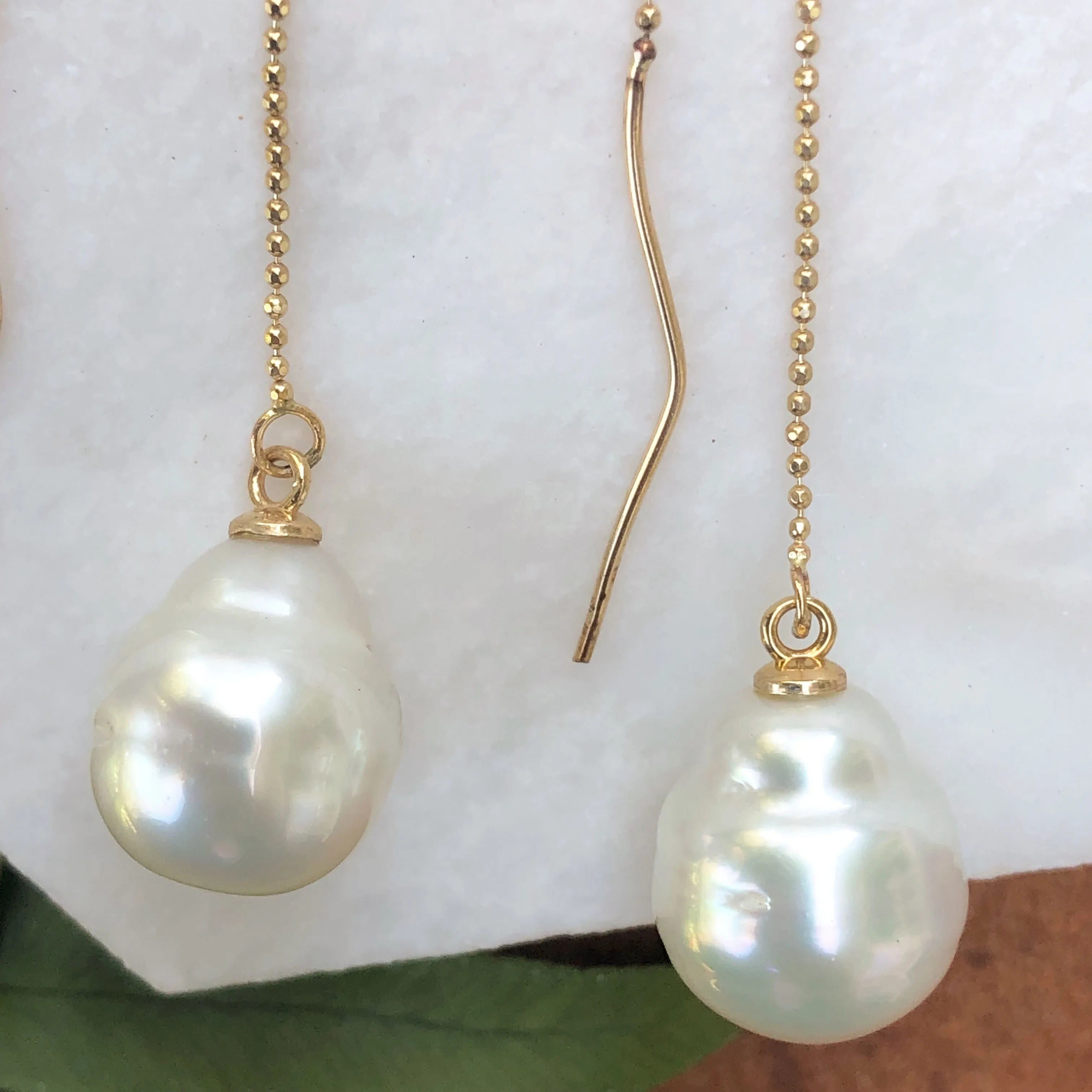 14KT Yellow Gold 12mm Paspaley Pearl Threader Ball Chain Earrings