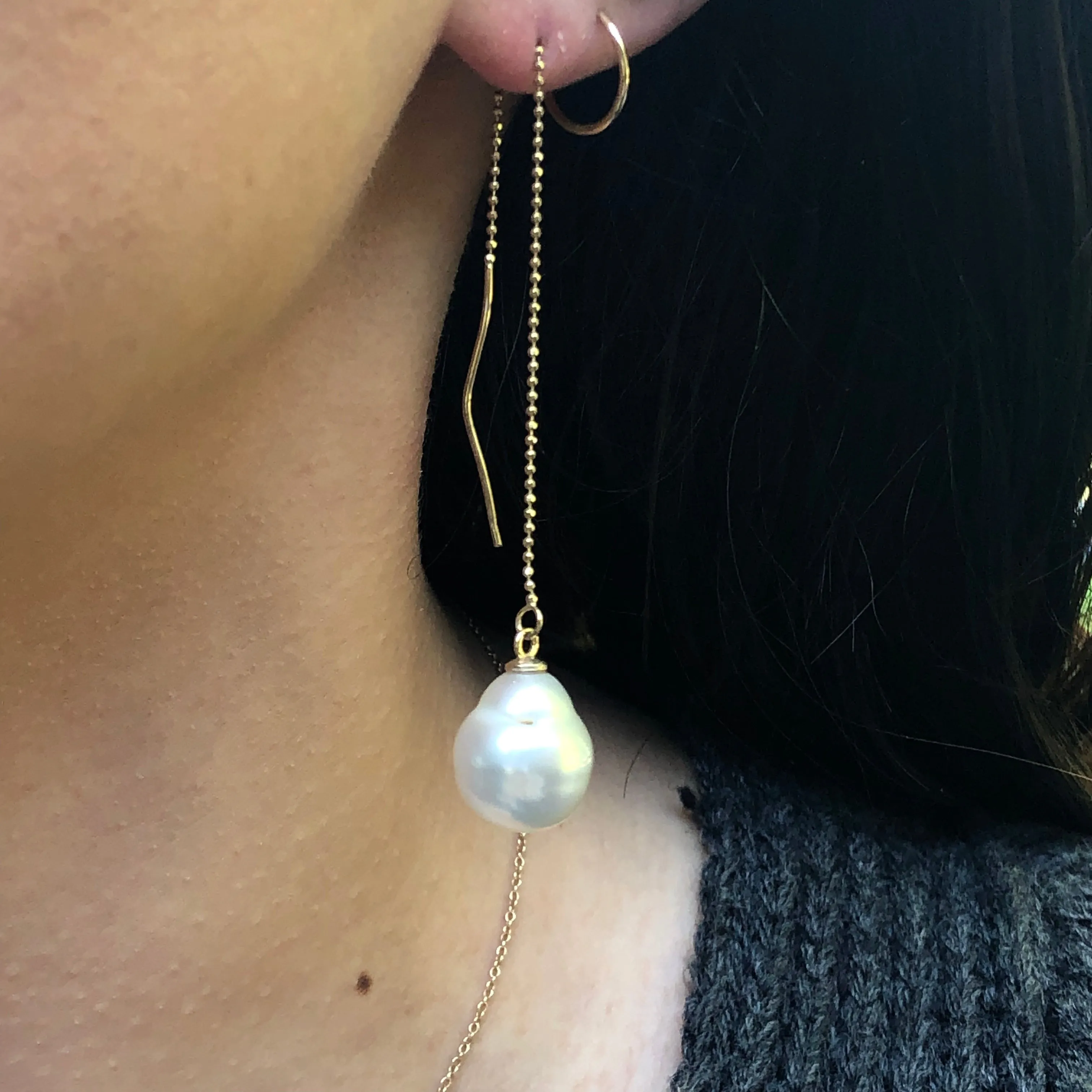 14KT Yellow Gold 12mm Paspaley Pearl Threader Ball Chain Earrings