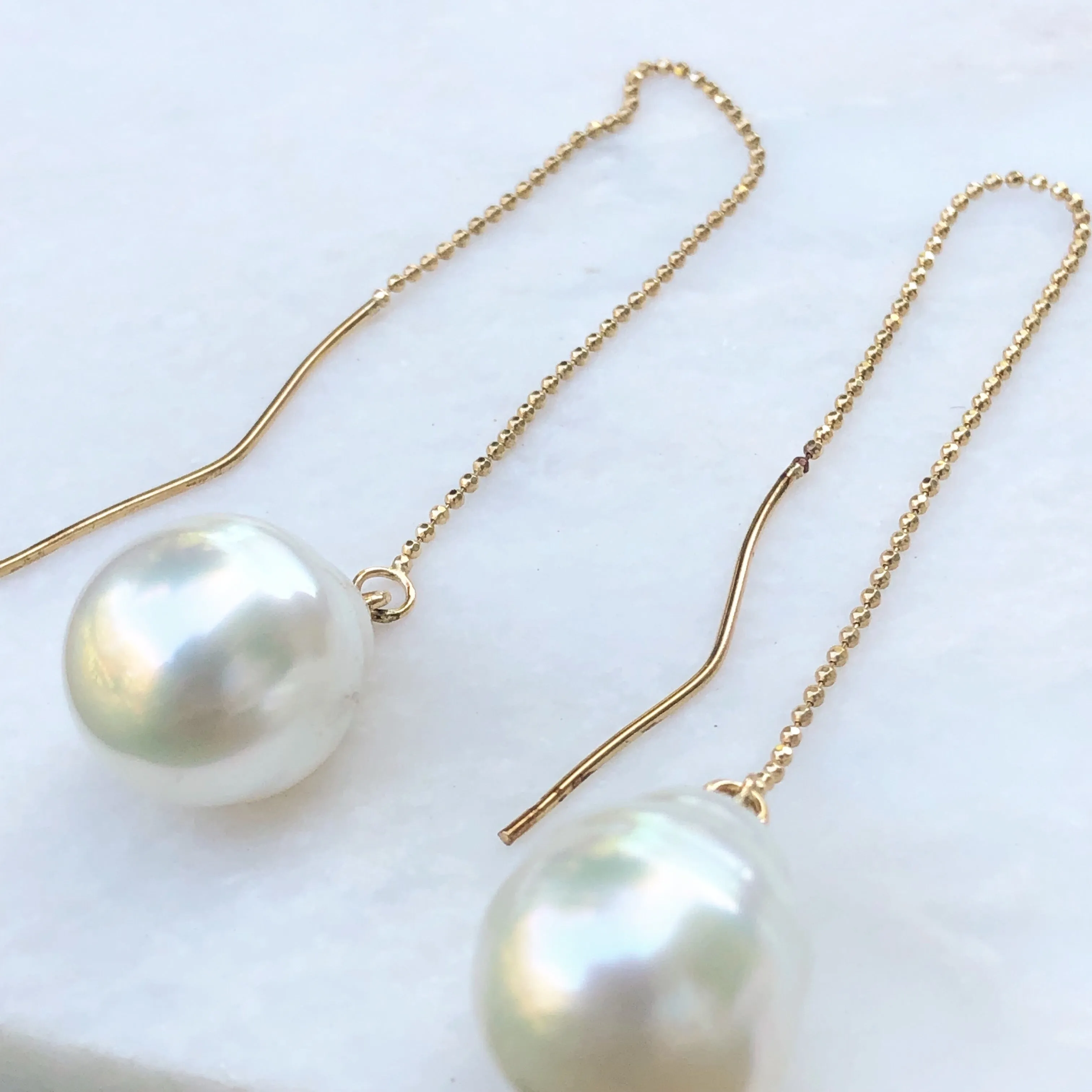 14KT Yellow Gold 12mm Paspaley Pearl Threader Ball Chain Earrings