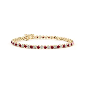 14kt Yellow Gold Round Ruby and Diamond Alternating Tennis Bracelet