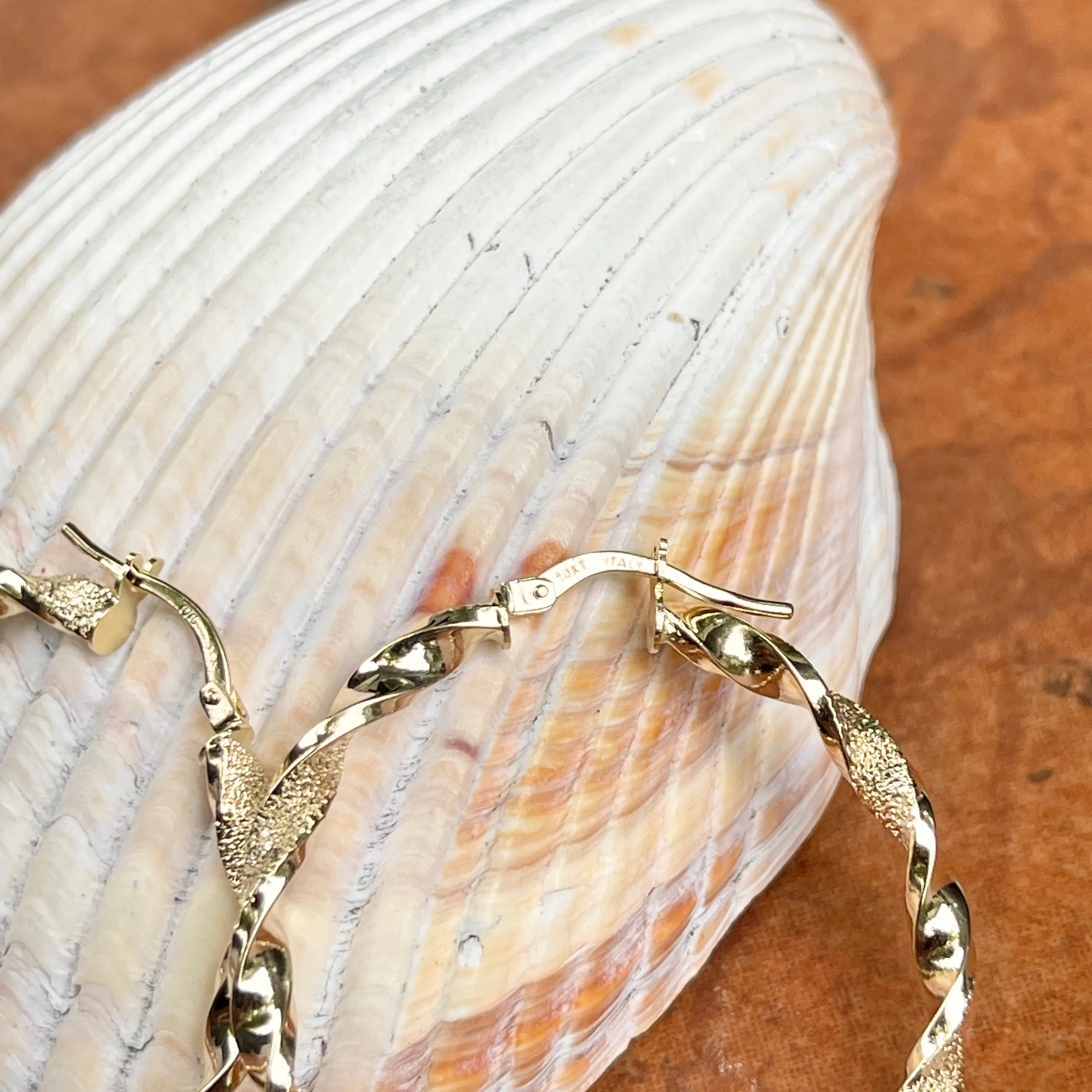 14KT Yellow Gold Shiny   Textured Twist Hoop Earrings 37mm