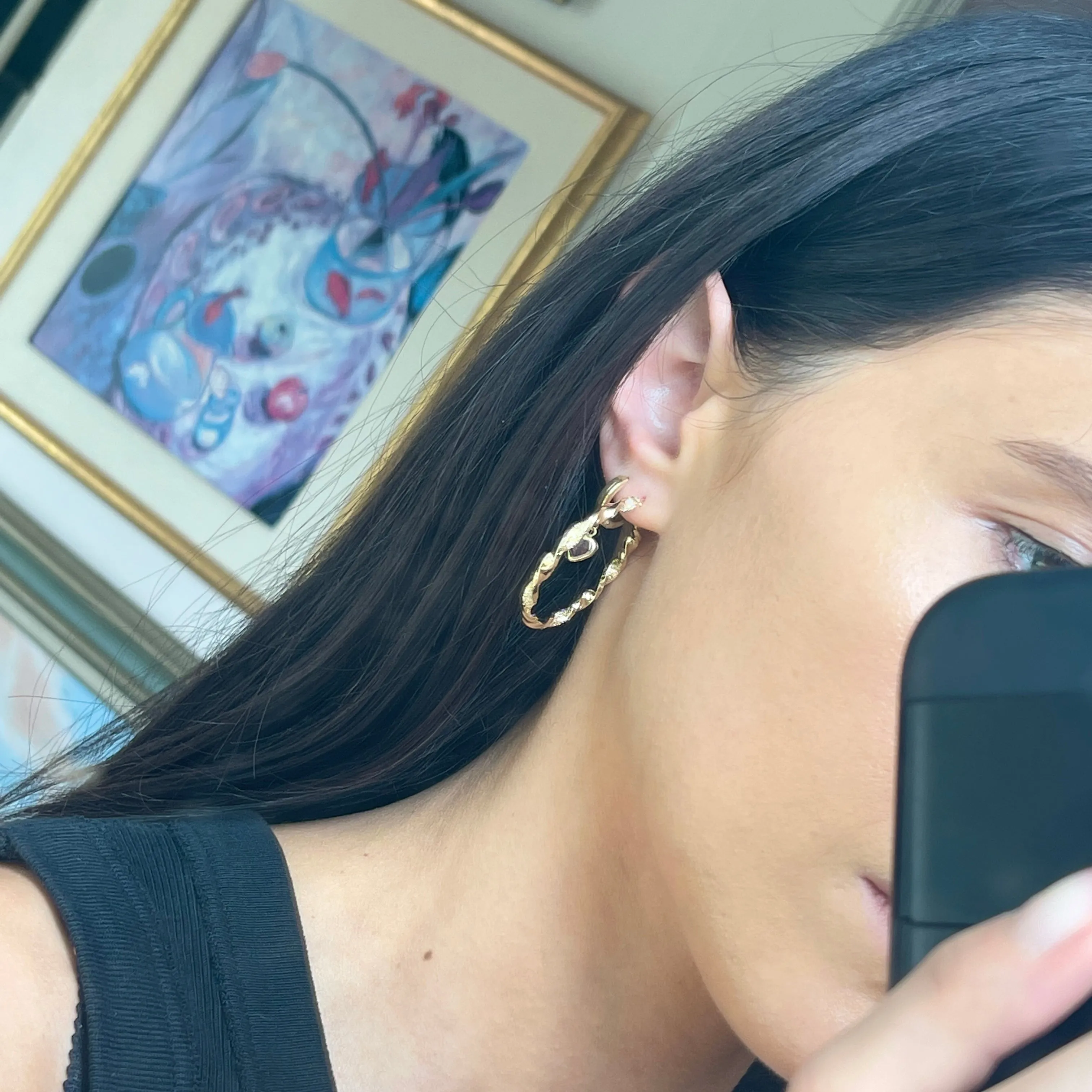 14KT Yellow Gold Shiny   Textured Twist Hoop Earrings 37mm