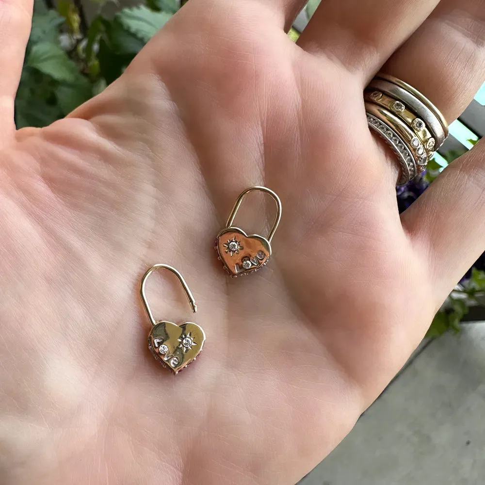 14KY Unlock Love Heart Lock Hoop Earrings