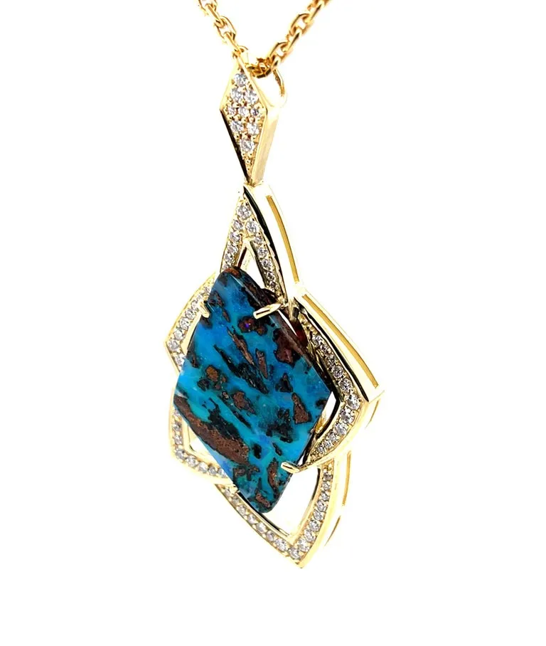 15.67 Carat Boulder Opal and Diamond Retro Style Pendant in 18k Yellow Gold