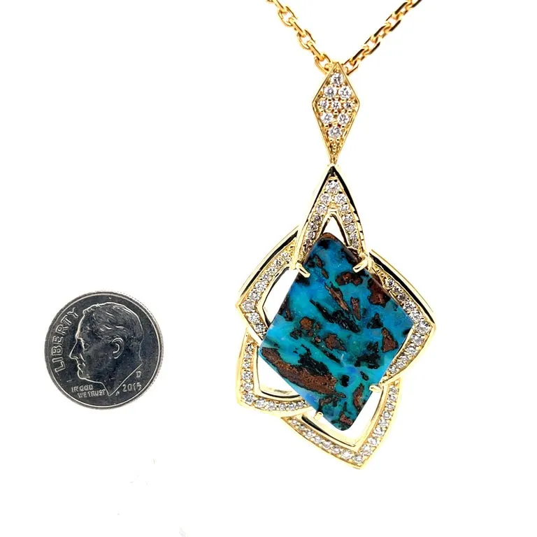 15.67 Carat Boulder Opal and Diamond Retro Style Pendant in 18k Yellow Gold