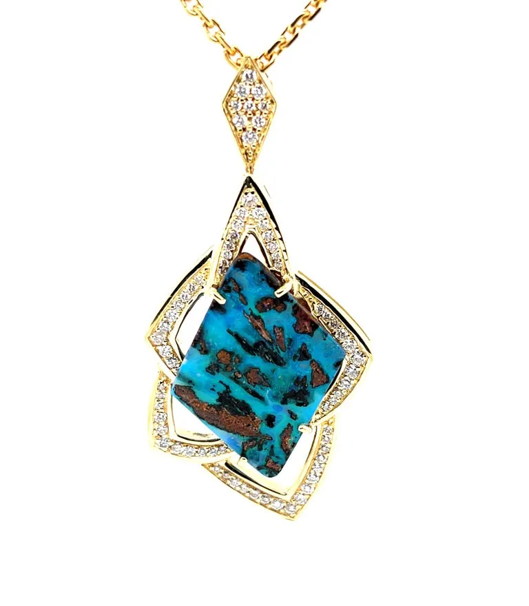15.67 Carat Boulder Opal and Diamond Retro Style Pendant in 18k Yellow Gold