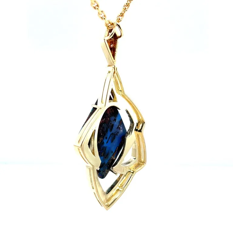 15.67 Carat Boulder Opal and Diamond Retro Style Pendant in 18k Yellow Gold