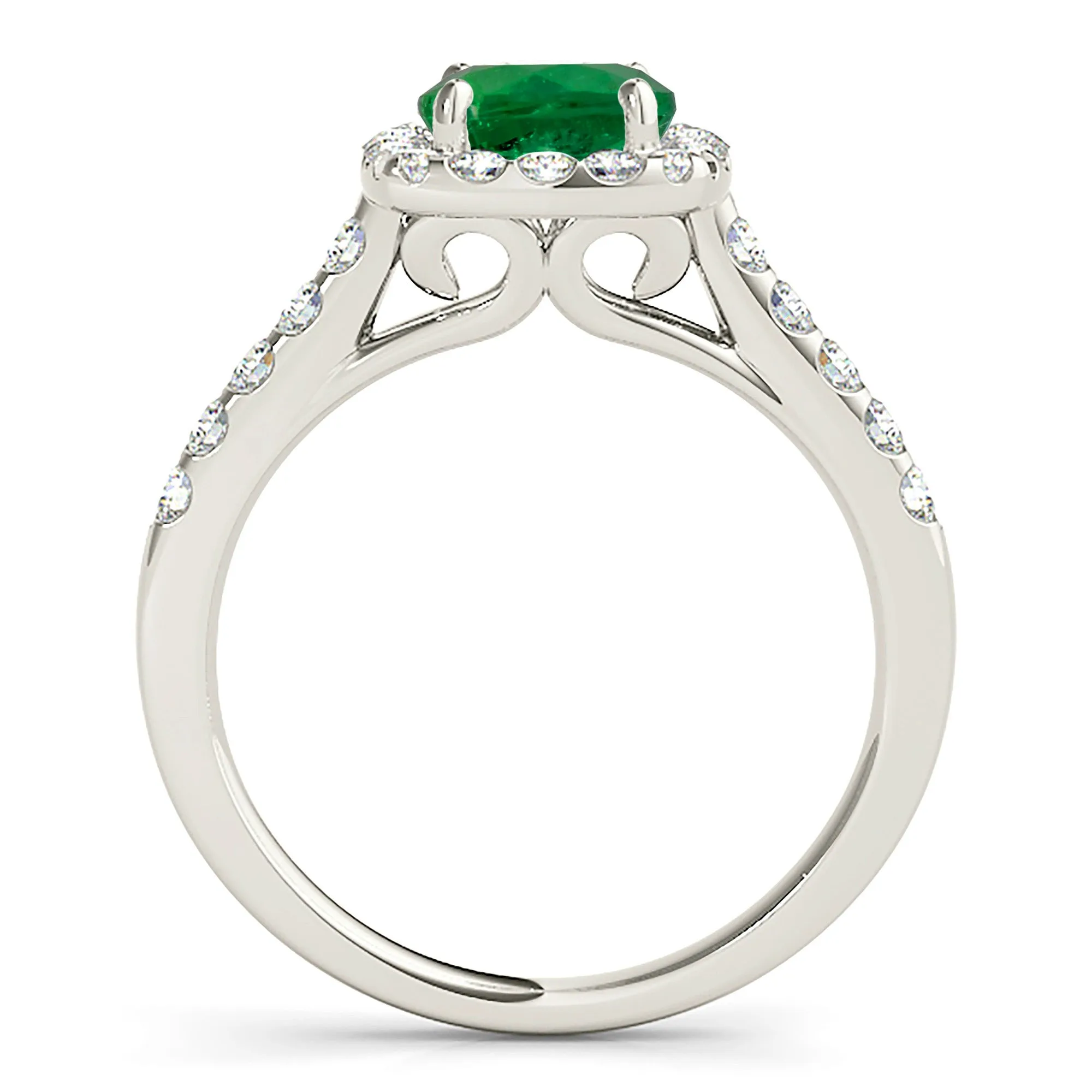 1.75 ct. Genuine Emerald Ring With Cushion Halo, Delicate Diamond Band