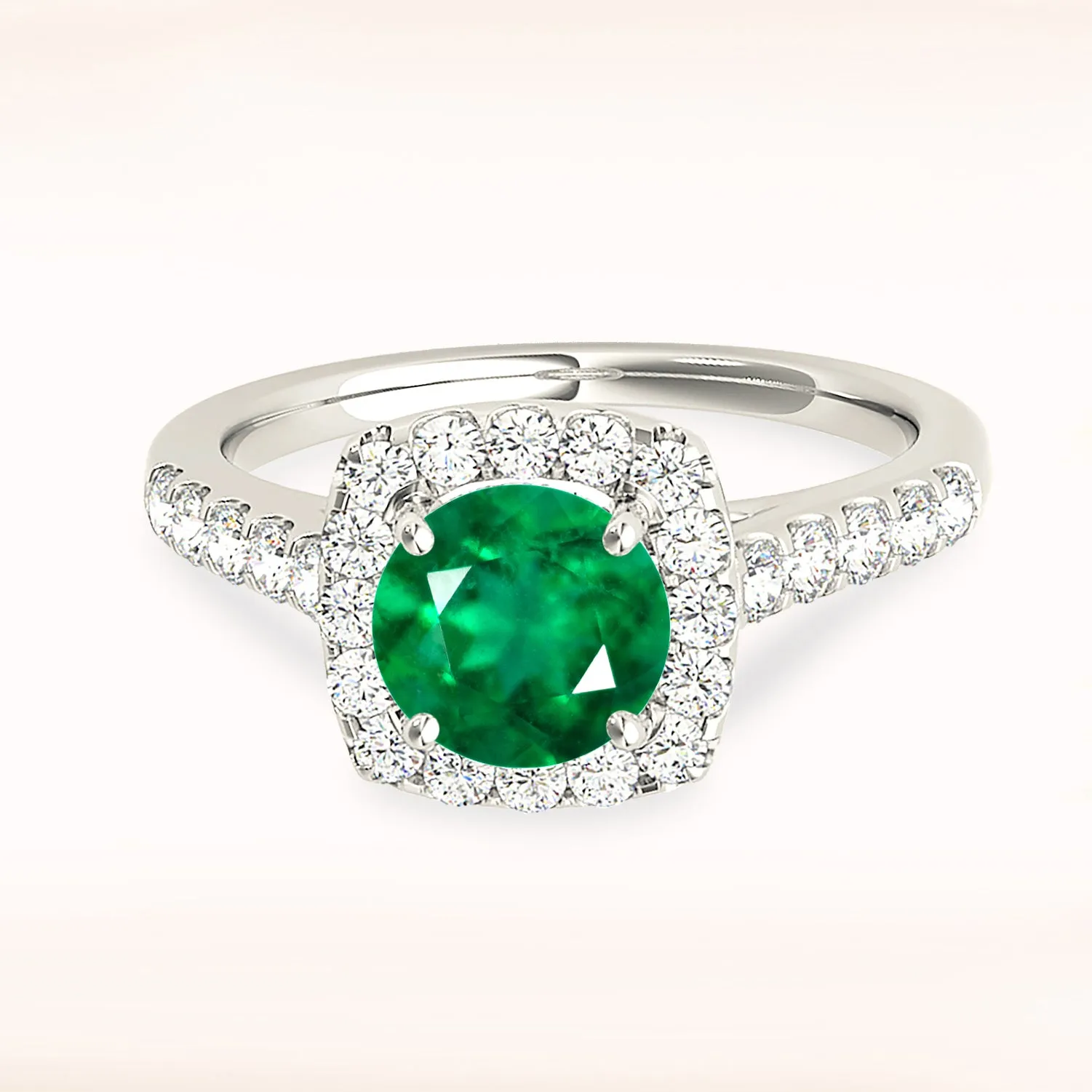 1.75 ct. Genuine Emerald Ring With Cushion Halo, Delicate Diamond Band