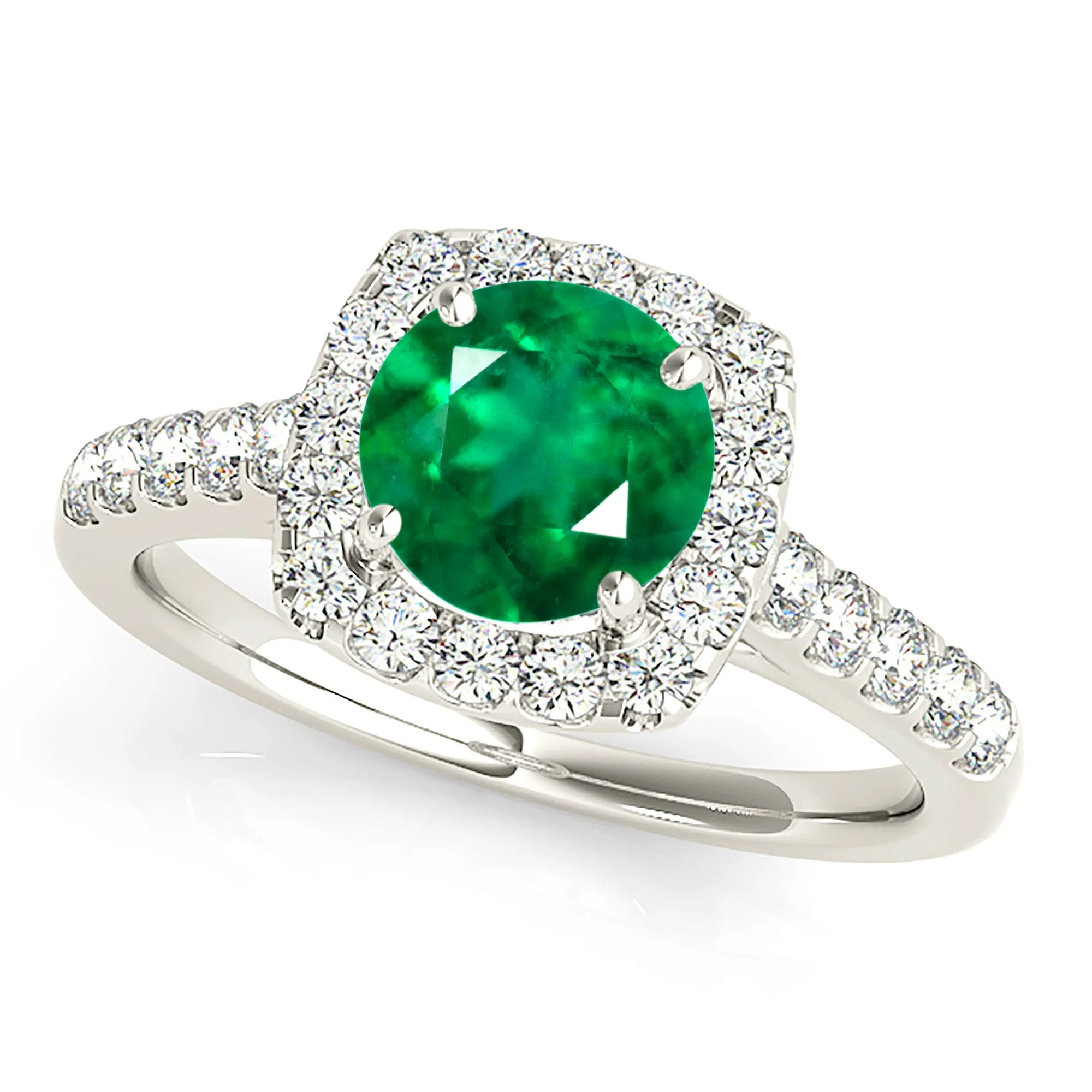 1.75 ct. Genuine Emerald Ring With Cushion Halo, Delicate Diamond Band