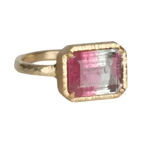 18K Gold Emerald Cut Watermelon Tourmaline Ring