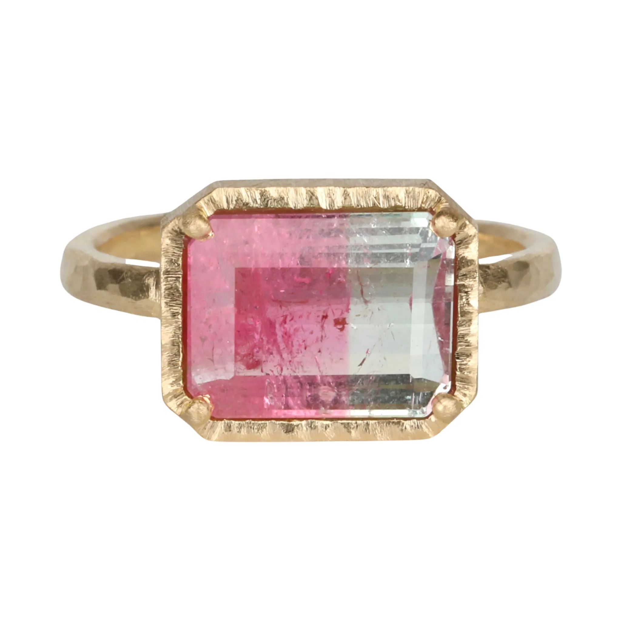 18K Gold Emerald Cut Watermelon Tourmaline Ring