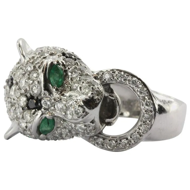 18K White Gold Diamond & Emerald Figural Leopard Jaguar Ring